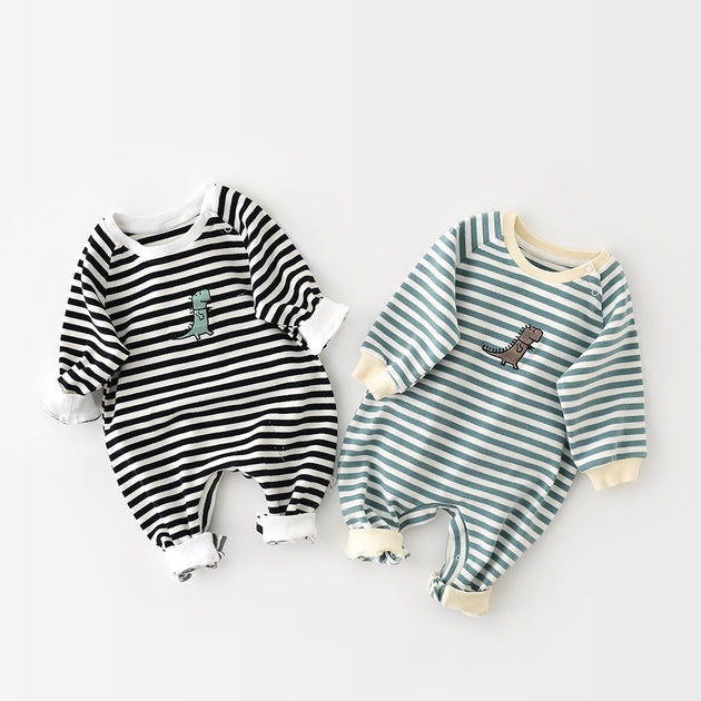 Male And Female Baby Cartoon Striped Dinosaur Embroidery Long-Sleeved Jumpsuit - Health and Wellness Innovations