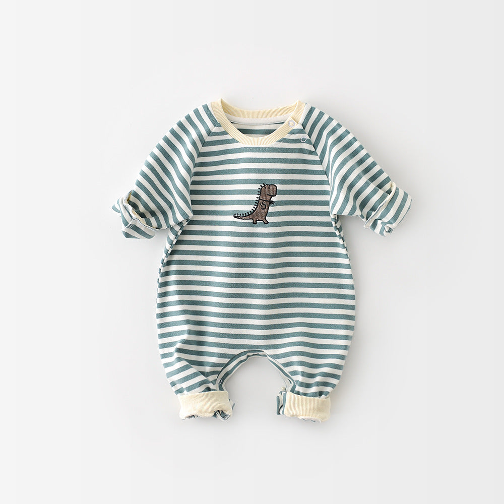 Male And Female Baby Cartoon Striped Dinosaur Embroidery Long-Sleeved Jumpsuit - Health and Wellness Innovations