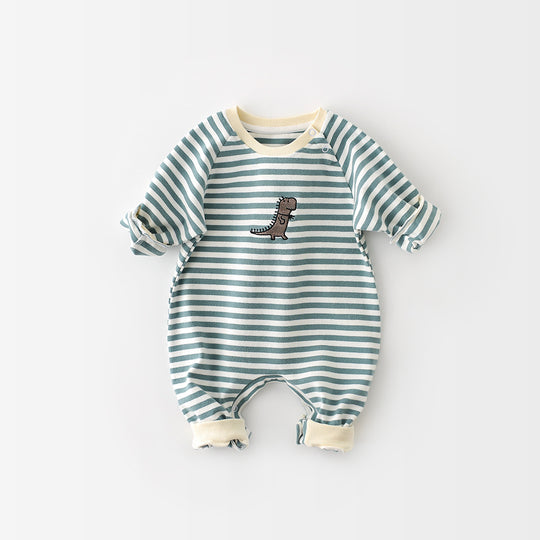 Male And Female Baby Cartoon Striped Dinosaur Embroidery Long-Sleeved Jumpsuit - Health and Wellness Innovations