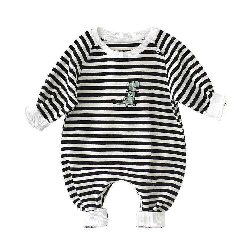 Male And Female Baby Cartoon Striped Dinosaur Embroidery Long-Sleeved Jumpsuit - Health and Wellness Innovations