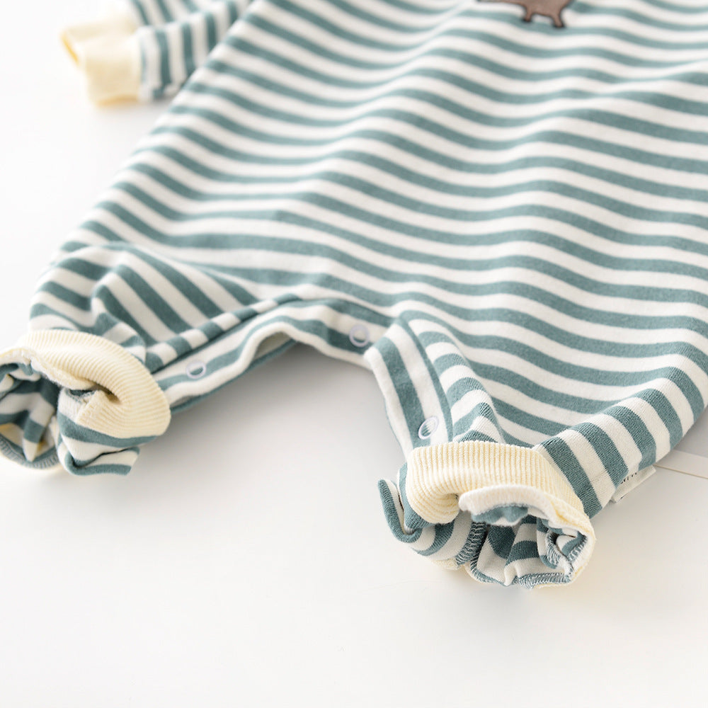 Male And Female Baby Cartoon Striped Dinosaur Embroidery Long-Sleeved Jumpsuit - Health and Wellness Innovations