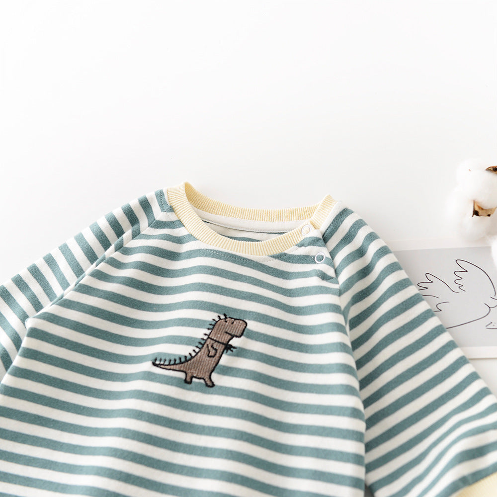 Male And Female Baby Cartoon Striped Dinosaur Embroidery Long-Sleeved Jumpsuit - Health and Wellness Innovations