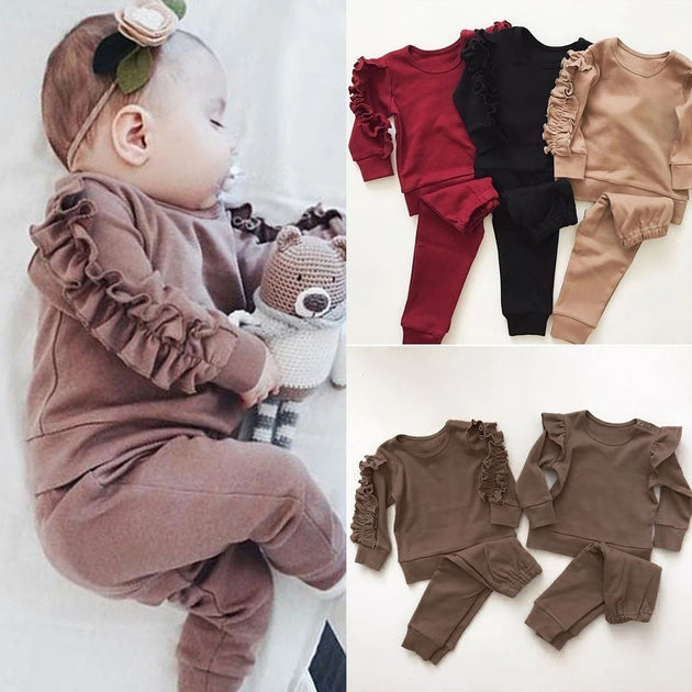 Newborn Baby Boys Girls Ruffles Jumper Solid Long Sleeve Sweatshirt Tops Pants Infant Kids 2Pcs Outfits Clothes Set Fall Clothes - Health and Wellness Innovations