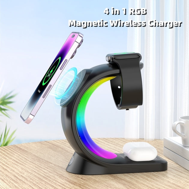 4 In 1 Magnetic Wireless Charger Fast Charging For Smart Phone Atmosphere Light Charging Station For Airpods Pro I-phone Watch - Health and Wellness Innovations
