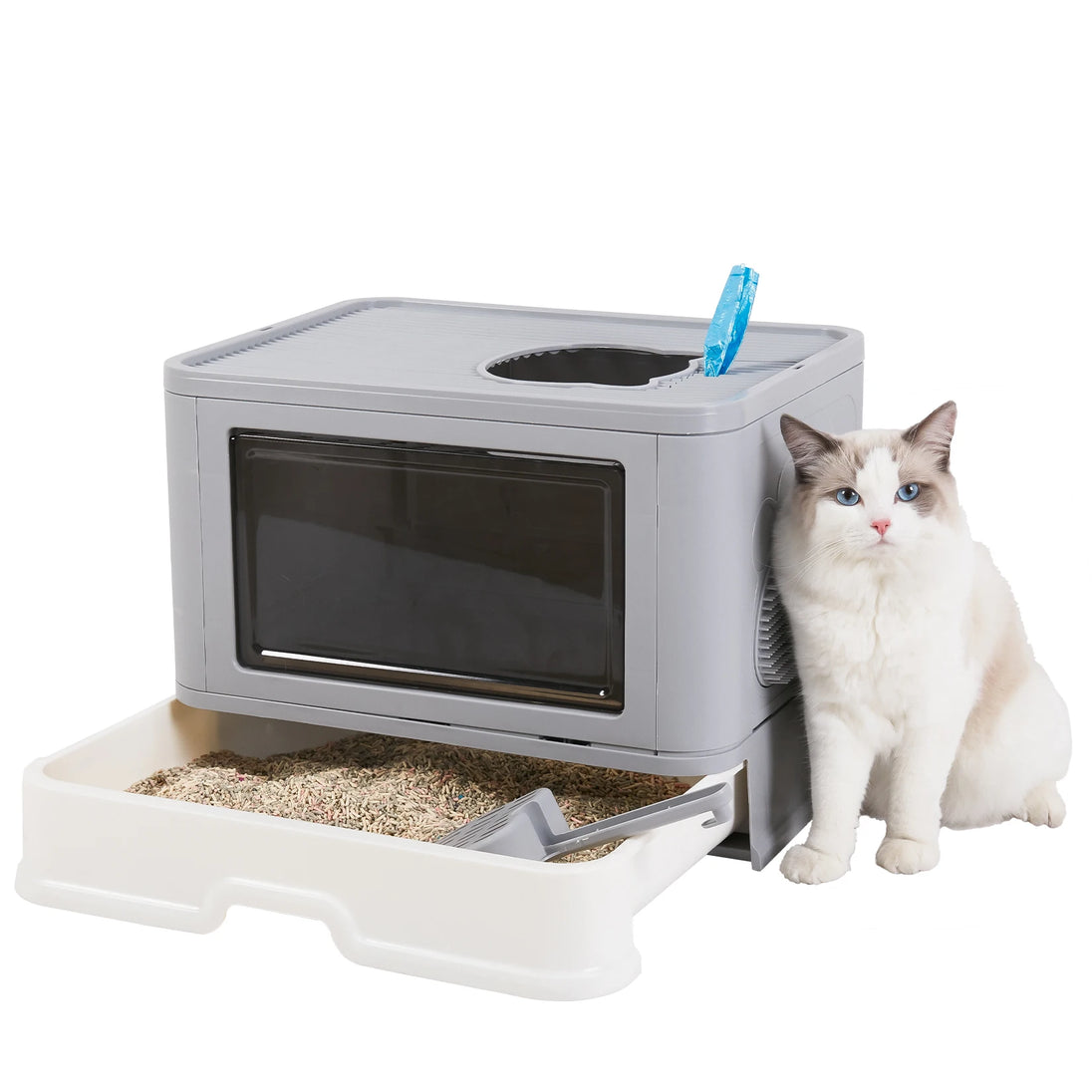 Foldable Cat Litter Box Front Entry & Top Exit Toilet Boxes with Massager Litter Scoop Enclosed Foldable Kitty Toilet - Health and Wellness Innovations