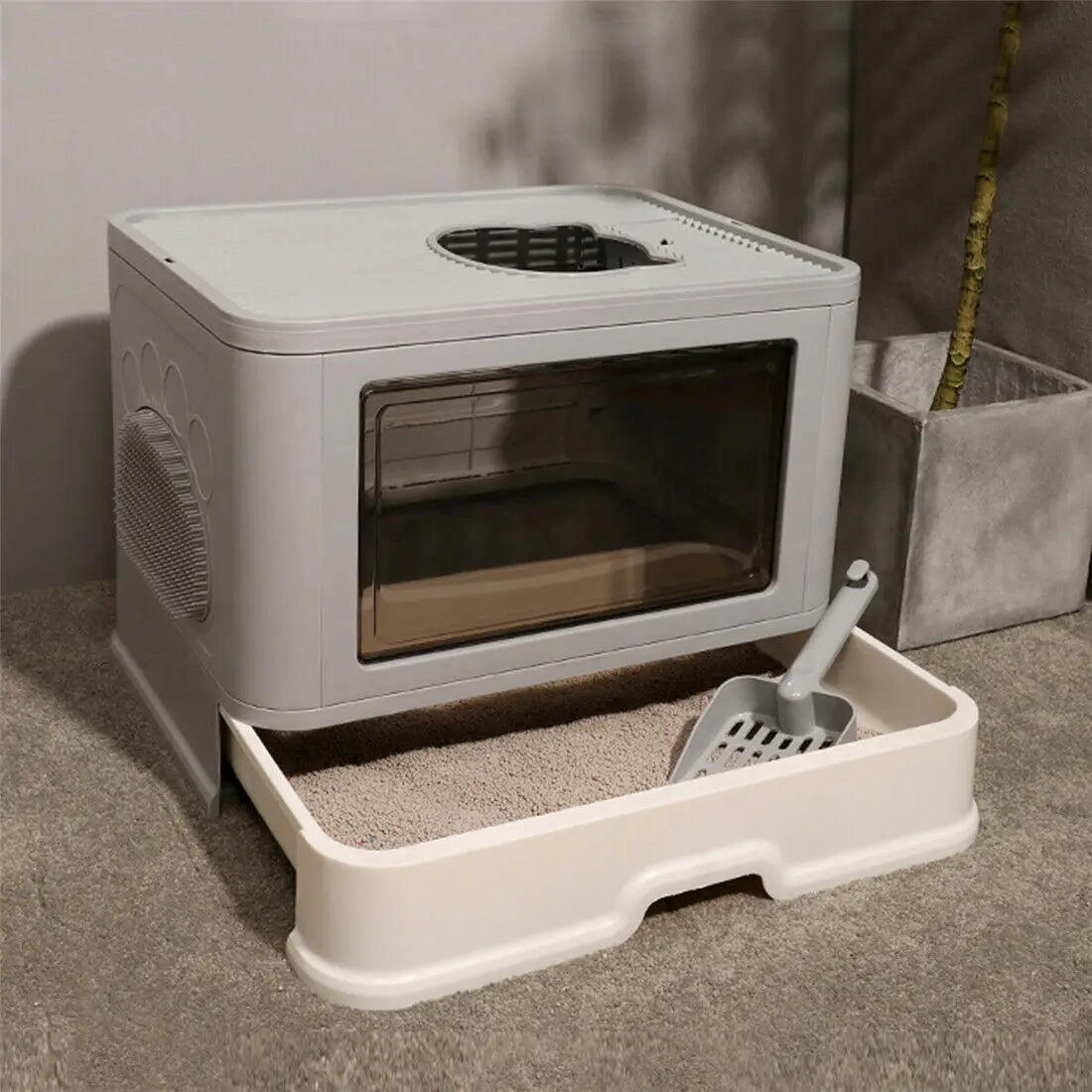 Foldable Cat Litter Box Front Entry & Top Exit Toilet Boxes with Massager Litter Scoop Enclosed Foldable Kitty Toilet - Health and Wellness Innovations