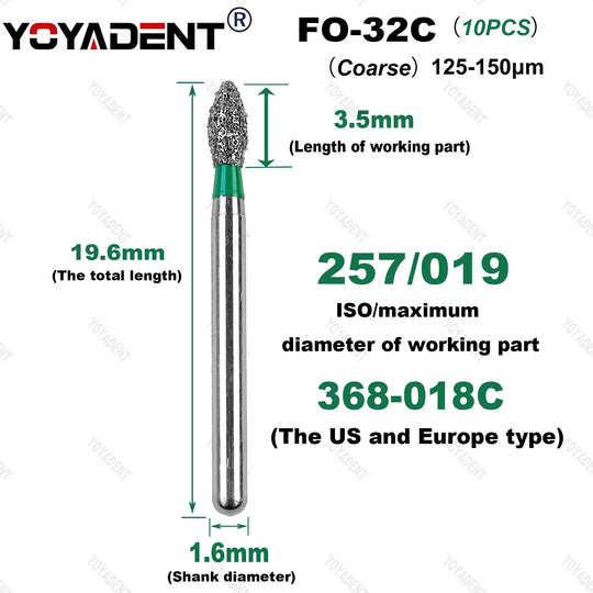 10Pcs/Pack FO Type Fine/Extra Fine/Coarse/Standard Dental Diamond Burs Dentistry Drills For High Speed Turbines Dia.1.6mm - Health and Wellness Innovations