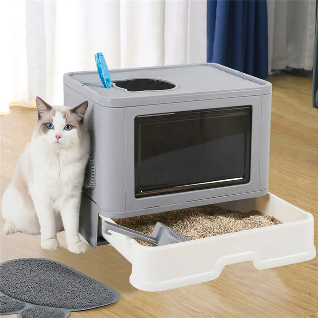 Foldable Cat Litter Box Front Entry & Top Exit Toilet Boxes with Massager Litter Scoop Enclosed Foldable Kitty Toilet - Health and Wellness Innovations