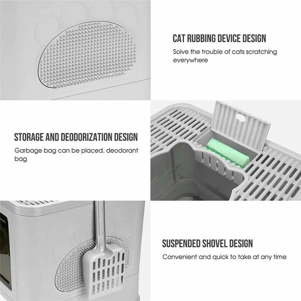 Foldable Cat Litter Box Front Entry & Top Exit Toilet Boxes with Massager Litter Scoop Enclosed Foldable Kitty Toilet - Health and Wellness Innovations