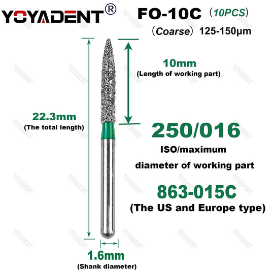 10Pcs/Pack FO Type Fine/Extra Fine/Coarse/Standard Dental Diamond Burs Dentistry Drills For High Speed Turbines Dia.1.6mm - Health and Wellness Innovations