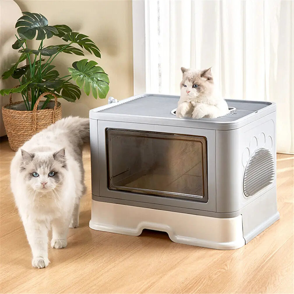 Foldable Cat Litter Box Front Entry & Top Exit Toilet Boxes with Massager Litter Scoop Enclosed Foldable Kitty Toilet - Health and Wellness Innovations